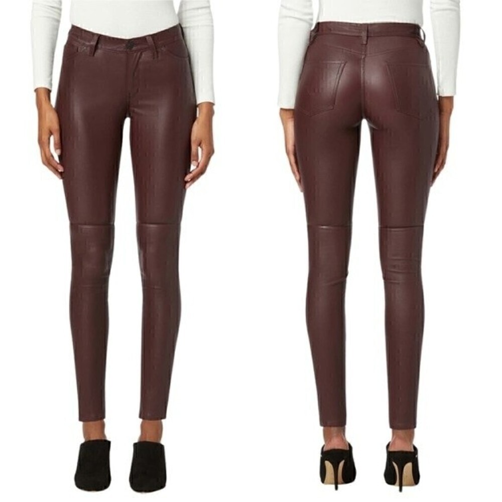 New! Hudson Nico Lamb Leather High Waist Pants in Burgundy